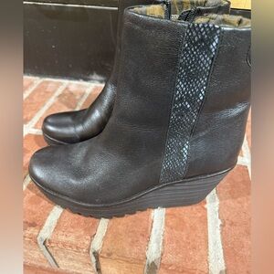 Fly London Black Wedge Boots with Snakeskin Detail